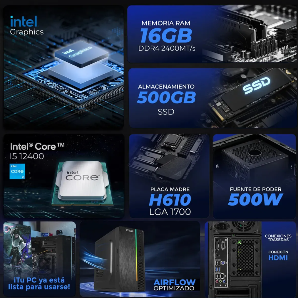 Computadora Escritorio Completa Gaming Intel Core i5 12v 16GB SSD 500GB Monitor 23.8 75Hz WIFI Black rendimiento